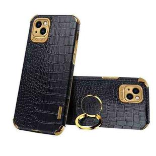 For iPhone 13 Electroplated TPU Crocodile Pattern Leather Case with Ring Holder(Black)