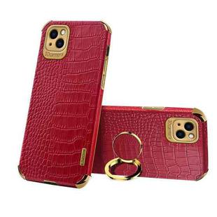 For iPhone 13 Electroplated TPU Crocodile Pattern Leather Case with Ring Holder(Red)