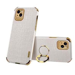 For iPhone 13 Electroplated TPU Crocodile Pattern Leather Case with Ring Holder(White)