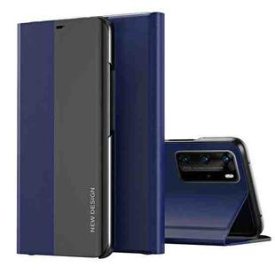 For Huawei P40 Side Electroplated Dormant Ultra-Thin Horizontal Flip Leather Case with Holder(Dark Blue)