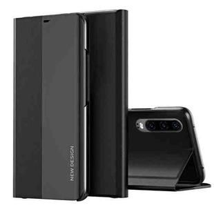 For Huawei P30 Side Electroplated Dormant Ultra-Thin Horizontal Flip Leather Case with Holder(Black)
