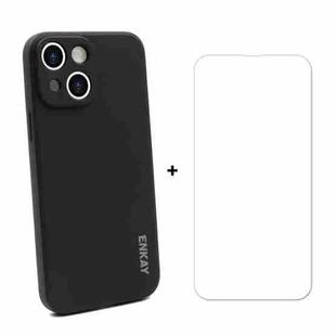 For iPhone 13 mini Hat-Prince ENKAY Liquid Silicone Shockproof Protective Case Drop Protection Cover + 9H Tempered Glass Screen Protector (Black)