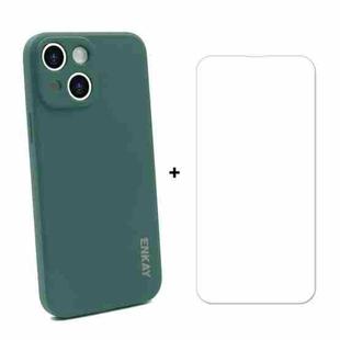 For iPhone 13 mini Hat-Prince ENKAY Liquid Silicone Shockproof Protective Case Drop Protection Cover + 9H Tempered Glass Screen Protector (Dark Green)