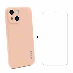 For iPhone 13 mini Hat-Prince ENKAY Liquid Silicone Shockproof Protective Case Drop Protection Cover + 9H Tempered Glass Screen Protector (Pink)