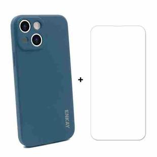 For iPhone 13 ENKAY Liquid Silicone Shockproof Case with 9H Tempered Glass Film(Dark Blue)