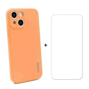 For iPhone 13 ENKAY Liquid Silicone Shockproof Case with 9H Tempered Glass Film(Orange)