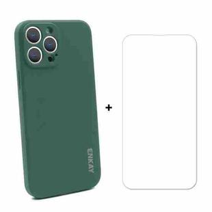 For iPhone 13 Pro Hat-Prince ENKAY Liquid Silicone Shockproof Protective Case Drop Protection Cover + 9H Tempered Glass Screen Protector (Dark Green)