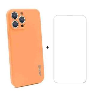 For iPhone 13 Pro Hat-Prince ENKAY Liquid Silicone Shockproof Protective Case Drop Protection Cover + 9H Tempered Glass Screen Protector (Orange)