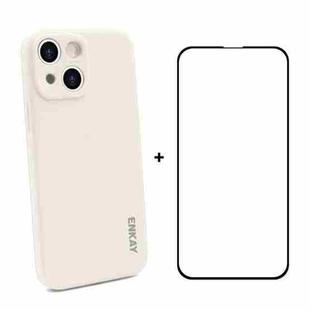 For iPhone 13 mini Hat-Prince ENKAY Liquid Silicone Shockproof Protective Case Drop Protection Cover + Full Coverage Tempered Glass Protector Film (Beige)