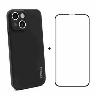 For iPhone 13 mini Hat-Prince ENKAY Liquid Silicone Shockproof Protective Case Drop Protection Cover + Full Coverage Tempered Glass Protector Film (Black)