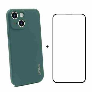 For iPhone 13 mini Hat-Prince ENKAY Liquid Silicone Shockproof Protective Case Drop Protection Cover + Full Coverage Tempered Glass Protector Film (Dark Green)