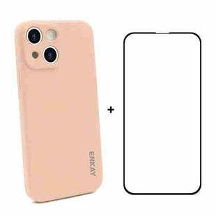 For iPhone 13 mini Hat-Prince ENKAY Liquid Silicone Shockproof Protective Case Drop Protection Cover + Full Coverage Tempered Glass Protector Film (Pink)