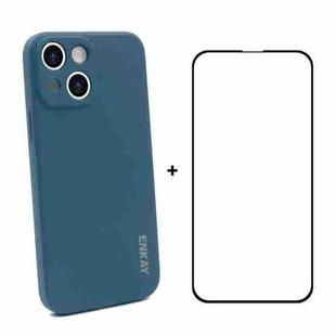 For iPhone 13 Hat-Prince ENKAY Liquid Silicone Shockproof Protective Case Drop Protection Cover + Full Coverage Tempered Glass Protector Film(Dark Blue)