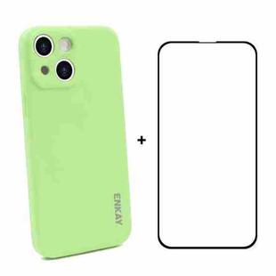 For iPhone 13 Hat-Prince ENKAY Liquid Silicone Shockproof Protective Case Drop Protection Cover + Full Coverage Tempered Glass Protector Film(Light Green)