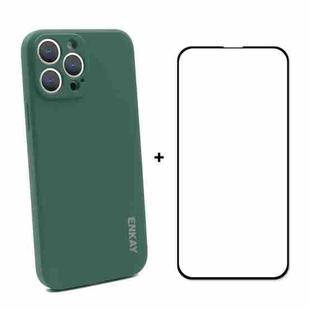 For iPhone 13 Pro Hat-Prince ENKAY Liquid Silicone Shockproof Protective Case Drop Protection Cover + Full Coverage Tempered Glass Protector Film (Dark Green)