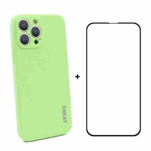 For iPhone 13 Pro Hat-Prince ENKAY Liquid Silicone Shockproof Protective Case Drop Protection Cover + Full Coverage Tempered Glass Protector Film (Light Green)
