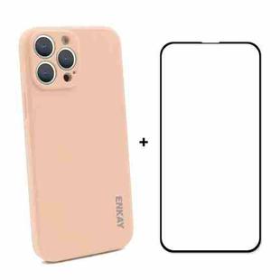 For iPhone 13 Pro Max Hat-Prince ENKAY Liquid Silicone Shockproof Protective Case Drop Protection Cover + Full Coverage Tempered Glass Protector Film (Pink)