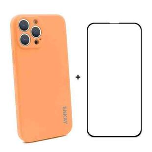 For iPhone 13 Pro Max Hat-Prince ENKAY Liquid Silicone Shockproof Protective Case Drop Protection Cover + Full Coverage Tempered Glass Protector Film (Orange)