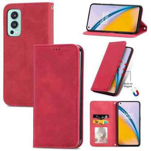 For OnePlus Nord 2 Retro Skin Feel Business Magnetic Horizontal Flip Leather Case with Holder & Card Slots & Wallet & Photo Frame(Red)
