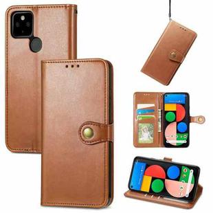 For Google Pixel 5a 5G Solid Color Leather Buckle Phone Case with Lanyard & Photo Frame & Card Slot & Wallet & Stand Function(Brwon)