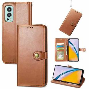 For OnePlus Nord 2 Solid Color Leather Buckle Phone Case with Lanyard & Photo Frame & Card Slot & Wallet & Stand Function(Brwon)