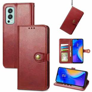 For OnePlus Nord 2 Solid Color Leather Buckle Phone Case with Lanyard & Photo Frame & Card Slot & Wallet & Stand Function(Red)