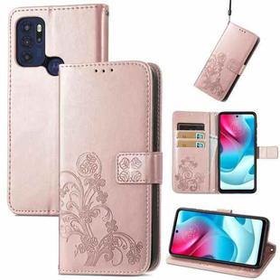 For Motorla Moto G60S Four-leaf Clasp Embossed Buckle Mobile Phone Protection Leather Case with Lanyard & Card Slot & Wallet & Bracket Function(Rose Gold)