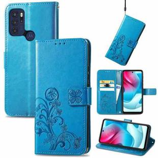 For Motorla Moto G60S Four-leaf Clasp Embossed Buckle Mobile Phone Protection Leather Case with Lanyard & Card Slot & Wallet & Bracket Function(Blue)