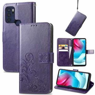 For Motorla Moto G60S Four-leaf Clasp Embossed Buckle Mobile Phone Protection Leather Case with Lanyard & Card Slot & Wallet & Bracket Function(Purple)