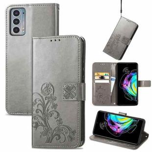 For Motorola Edge 20 Four-leaf Clasp Embossed Buckle Mobile Phone Protection Leather Case with Lanyard & Card Slot & Wallet & Bracket Function(Grey)