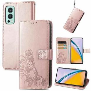 For OnePlus Nord 2 5G Four-leaf Clasp Embossed Buckle Mobile Phone Protection Leather Case with Lanyard & Card Slot & Wallet & Bracket Function(Rose Gold)