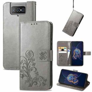 For Asus Zenfone 8 Flip Four-leaf Clasp Embossed Buckle Mobile Phone Protection Leather Case with Lanyard & Card Slot & Wallet & Bracket Function(Grey)