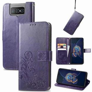 For Asus Zenfone 8 Flip Four-leaf Clasp Embossed Buckle Mobile Phone Protection Leather Case with Lanyard & Card Slot & Wallet & Bracket Function(Purple)