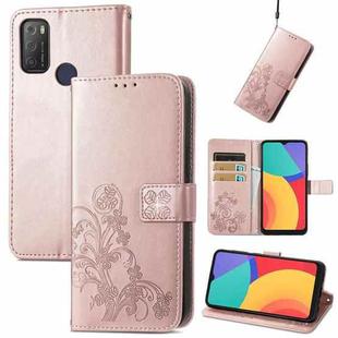 For Alcatel 1S 2021 Four-leaf Clasp Embossed Buckle Mobile Phone Protection Leather Case with Lanyard & Card Slot & Wallet & Bracket Function(Rose Gold)