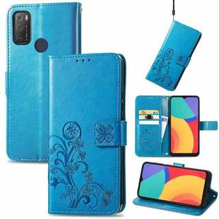 For Alcatel 1S 2021 Four-leaf Clasp Embossed Buckle Mobile Phone Protection Leather Case with Lanyard & Card Slot & Wallet & Bracket Function(Blue)
