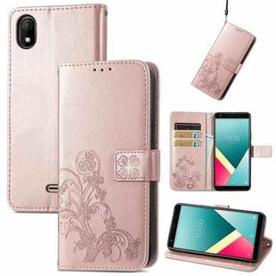 For Wiko Y61 Four-leaf Clasp Embossed Buckle Mobile Phone Protection Leather Case with Lanyard & Card Slot & Wallet & Bracket Function(Rose Gold)