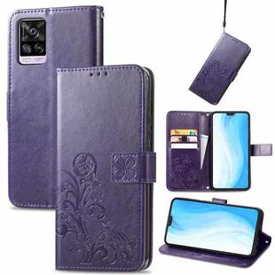 For vivo S7 Four-leaf Clasp Embossed Buckle Mobile Phone Protection Leather Case with Lanyard & Card Slot & Wallet & Bracket Function(Purple)
