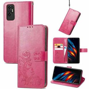 For Tecno Pova 2 Four-leaf Clasp Embossed Buckle Mobile Phone Protection Leather Case with Lanyard & Card Slot & Wallet & Bracket Function(Magenta)