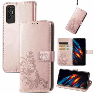 For Tecno Pova 2 Four-leaf Clasp Embossed Buckle Mobile Phone Protection Leather Case with Lanyard & Card Slot & Wallet & Bracket Function(Rose Gold)