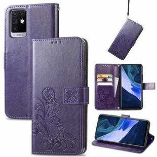 For Infinix Note 10 Four-leaf Clasp Embossed Buckle Mobile Phone Protection Leather Case with Lanyard & Card Slot & Wallet & Bracket Function(Purple)