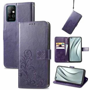 For Infinix Note 8 Four-leaf Clasp Embossed Buckle Mobile Phone Protection Leather Case with Lanyard & Card Slot & Wallet & Bracket Function(Purple)