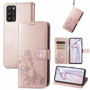 For Blackview A100 Four-leaf Clasp Embossed Buckle Mobile Phone Protection Leather Case with Lanyard & Card Slot & Wallet & Bracket Function(Rose Gold)