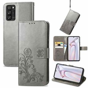 For Blackview A100 Four-leaf Clasp Embossed Buckle Mobile Phone Protection Leather Case with Lanyard & Card Slot & Wallet & Bracket Function(Grey)