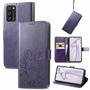 For Blackview A100 Four-leaf Clasp Embossed Buckle Mobile Phone Protection Leather Case with Lanyard & Card Slot & Wallet & Bracket Function(Purple)