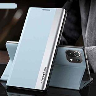 For Xiaomi Mi 11 Lite Side Electroplated Magnetic Ultra-Thin Horizontal Flip Leather Case with Holder(Light Blue)