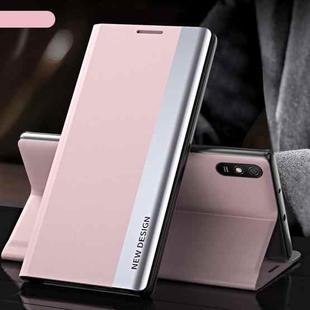 For Xiaomi Redmi 9A Side Electroplated Magnetic Ultra-Thin Horizontal Flip Leather Case with Holder(Pink)