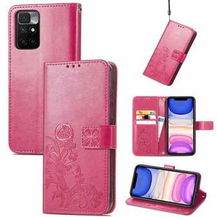 For Xiaomi Redmi 10 Four-leaf Clasp Embossed Buckle Mobile Phone Protection Leather Case with Lanyard & Card Slot & Wallet & Bracket Function(Magenta)