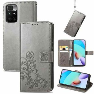 For Xiaomi Redmi 10 Four-leaf Clasp Embossed Buckle Mobile Phone Protection Leather Case with Lanyard & Card Slot & Wallet & Bracket Function(Grey)