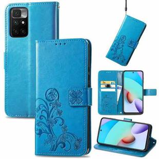 For Xiaomi Redmi 10 Four-leaf Clasp Embossed Buckle Mobile Phone Protection Leather Case with Lanyard & Card Slot & Wallet & Bracket Function(Blue)