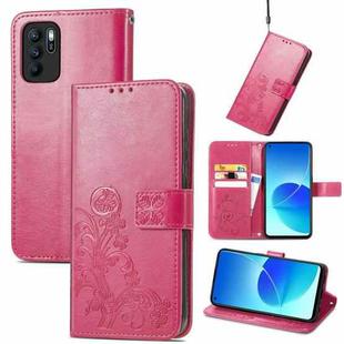 For OPPO Reno6 Z Four-leaf Clasp Embossed Buckle Mobile Phone Protection Leather Case with Lanyard & Card Slot & Wallet & Bracket Function(Magenta)